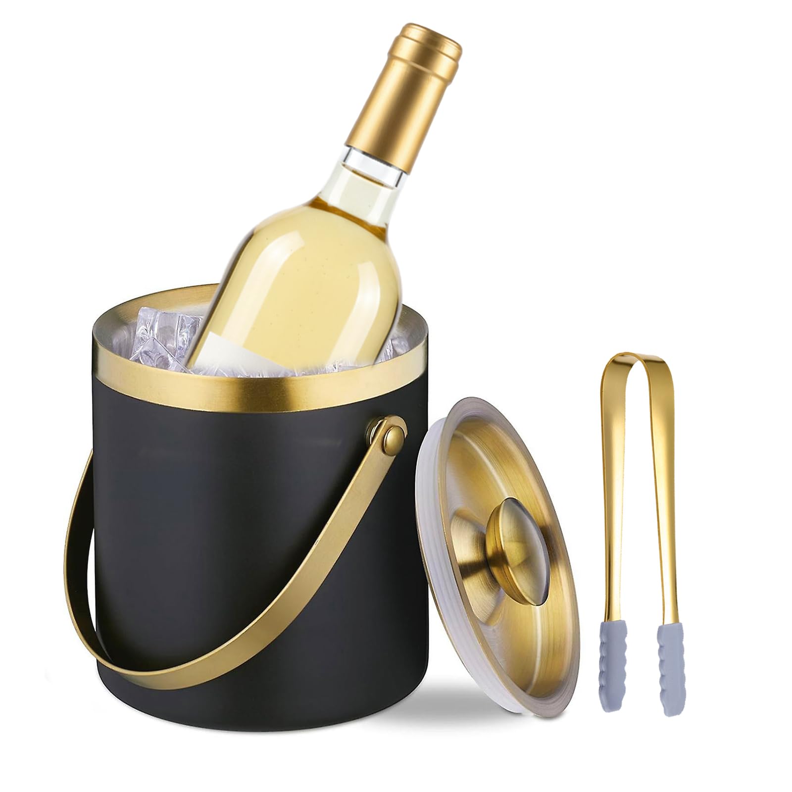 Ice Bucket with Lid, Handle and Tong Black Gold Insulated Stainless Steel Champagne Bucket 2L Wine Bucket for Party Bar Cart Accessories Large Double Wall Bucket Keep Frozen