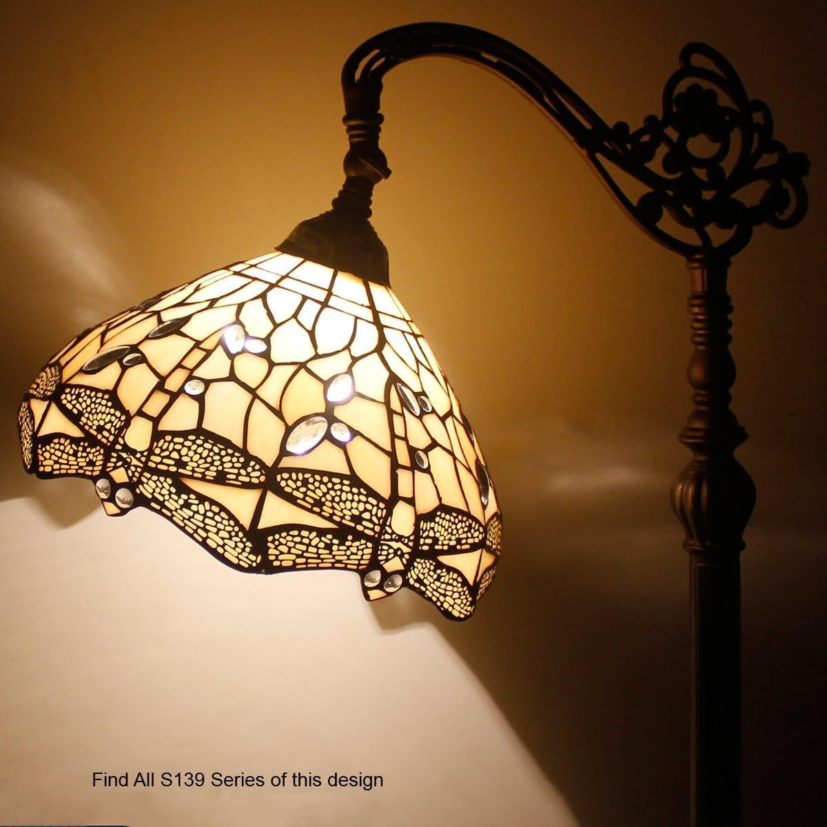 WERFACTORY Tiffany Floor Lamp Cream Stained Glass Dragonfly Arched Lamp 12X18X64 Inches Gooseneck Adjustable Corner Standing Reading Light Decor Bedroom Living Room S139 Series
