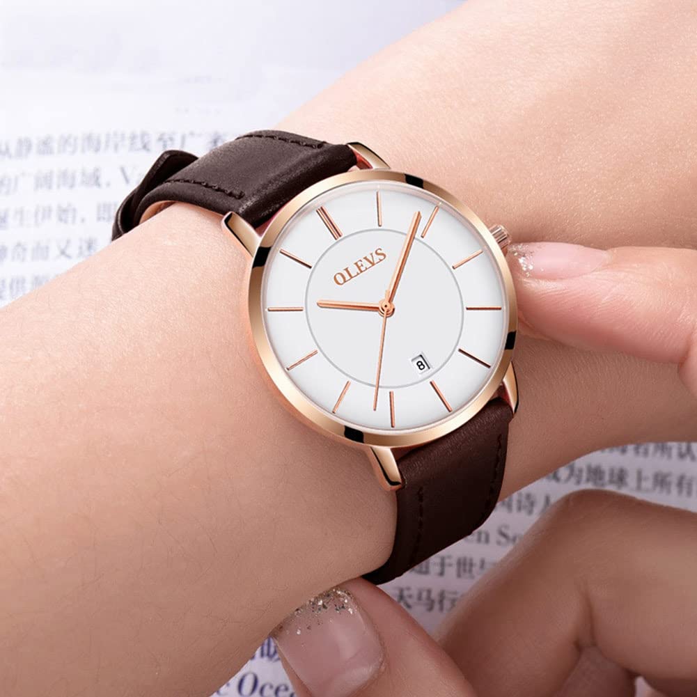 OLEVS Quarz Damen Uhr Elegante Armbanduhr Lederarmband Wasserdicht 30M Datumsanzeige Leuchtende Frauen Uhr Geschenke zum Muttertag