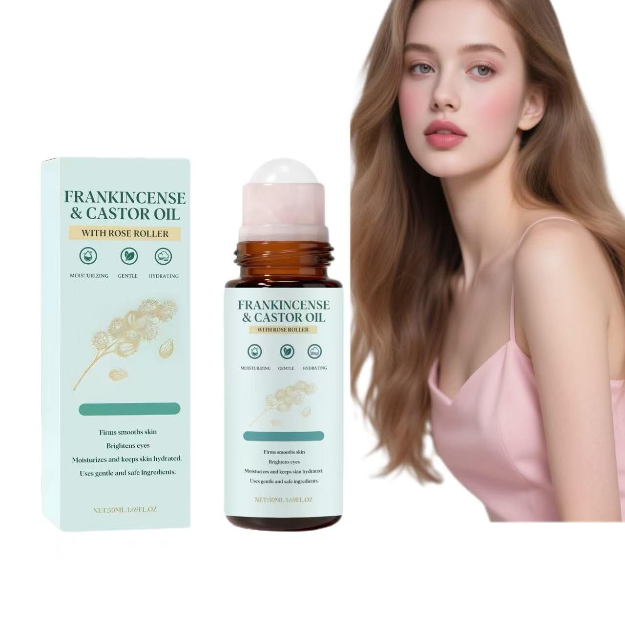 Frankincense and Castor Oil Rose Quartz Roller Organic Cold-Pressed Castor Oil Roll-On with Removable Rose Quartz Reduces Fine Lines & Hormone Balance, Suitable for Face, Neck, Abdomen, 50ML/1.7OZ (2)