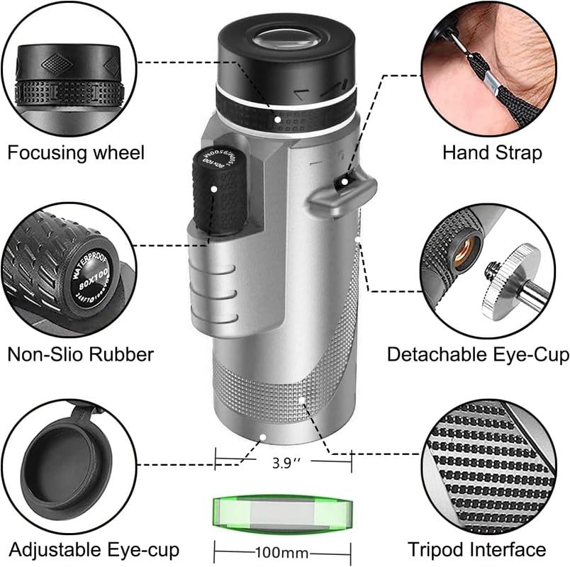 80x100-Monocular-Telescope High Power Monocular for Adults, Compact Monocular with Smartphone Adapte & Tripod, HD Monocular for Bird Watching, Stargazing, Hunting, Traveling