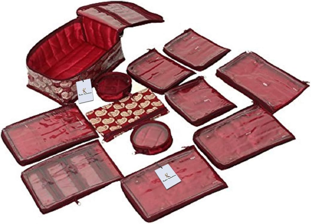 Kuber Industries Brocade Jewellery kit with 12 Pouch|Solid Print With Waterproof Outer Material|12 Pouches & Zipper Closure|Size 25 x 17 x 10, Pack of 1 (Maroon)