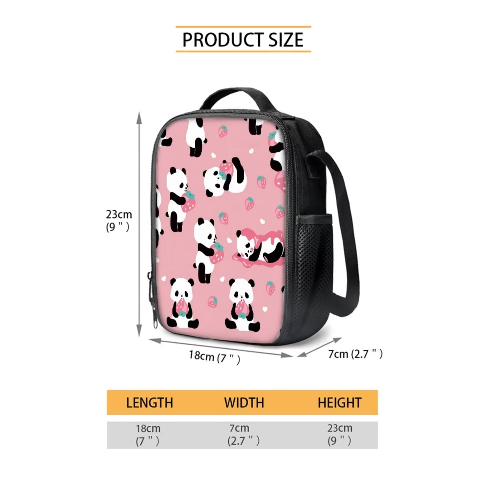 SEANATIVE Panda Strawberry Kids Daycare Preschool Lunch Tote Crossbody Bag with Water Bottle Pouch Holder - Image 4