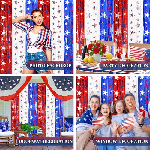 Image of 4th of July Independence Decorations, 2 Pack Red White Blue Star printed Foil Fringe Curtains for Patriotic Memorial Day Day Decor, Citizenship Party Supplies, Backdrop Streamers, 3.3 x 6.6 FT