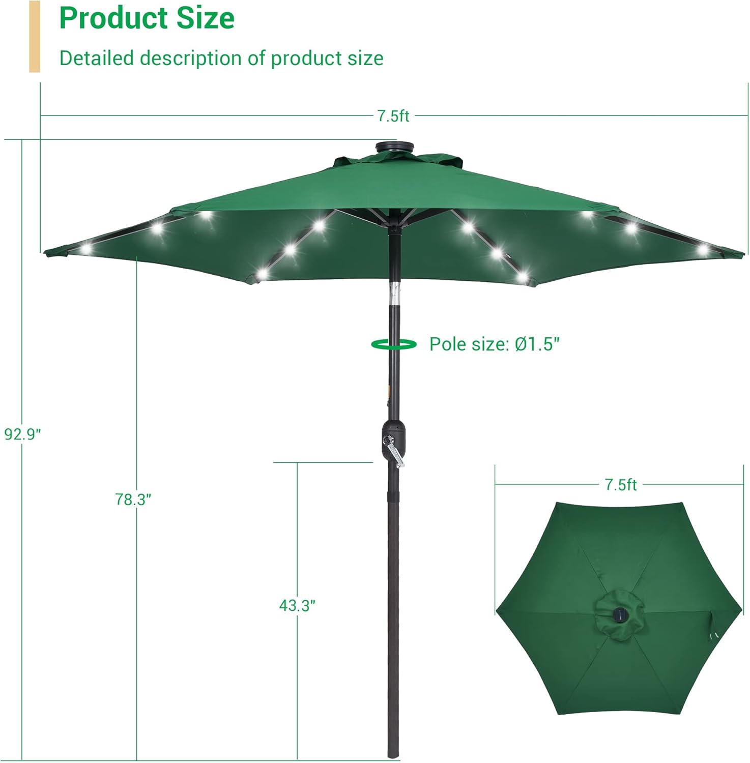 7.5ft Solar Patio Umbrella, Steel umbrella outdoor patio with Tilt and Crank, Waterproof Sunshade Canopy, 6 Ribs Outdoor Umbrella for Garden Deck Backyard Pool,Dark Green