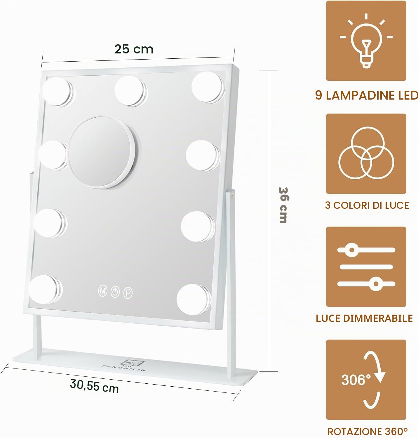FENCHILIN Specchio trucco cosmetico con luci regolabile a 360 gradi a 9 lampade LED Touch Screen, Hollywood, grande da tavolo 10x ingrandente 25x30cm