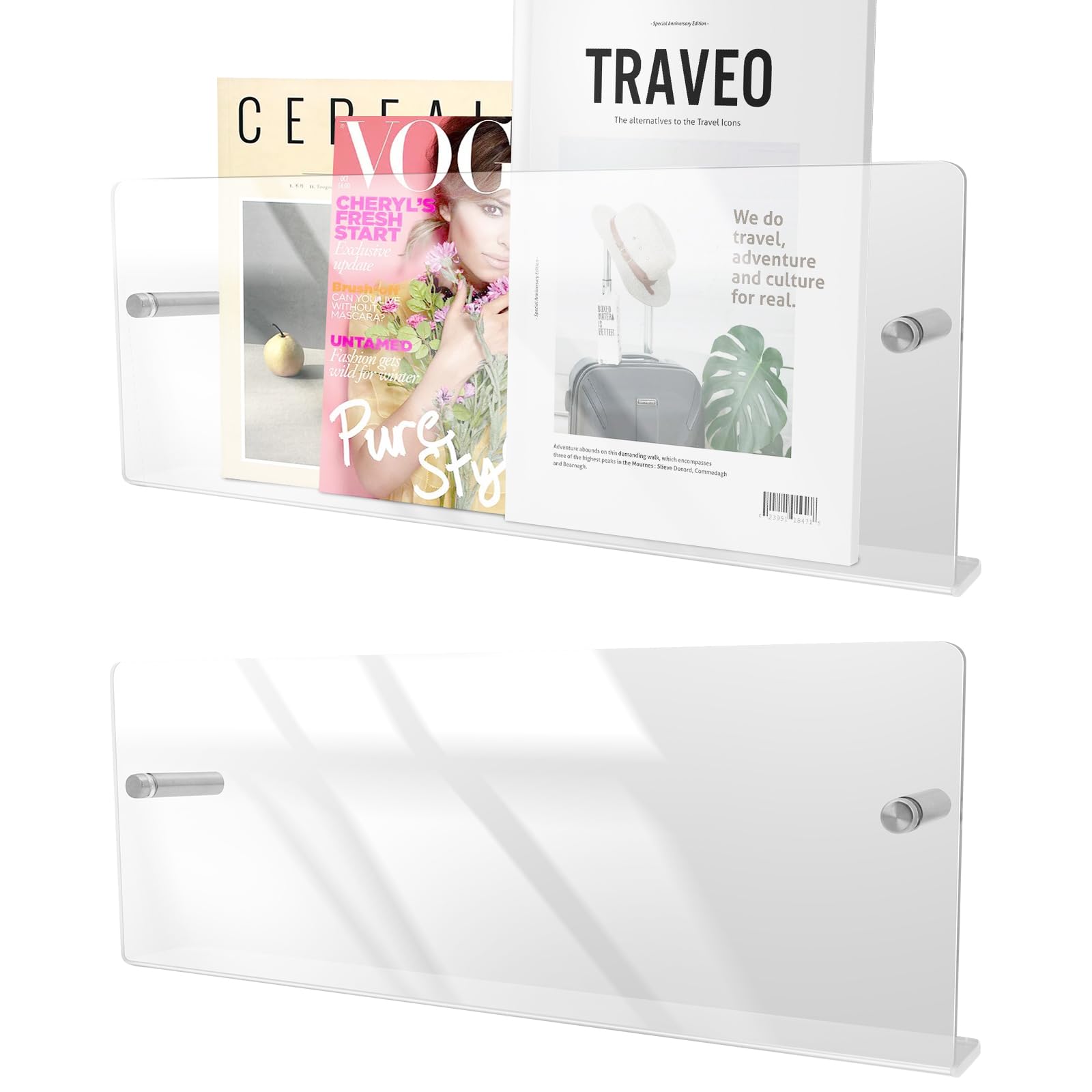 Lot de 2 étagères acryliques pour disques vinyles, étagères flottantes transparentes murales pour livres, magazines, livres de dessin, disques, albums (40L x 15H x 3,5P cm)