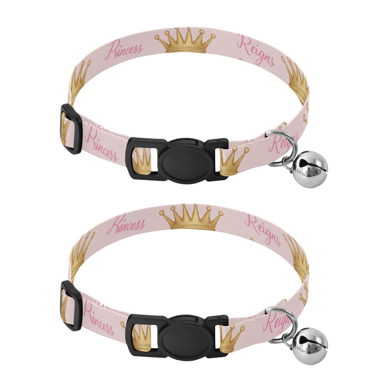 Collar rosa con palabras de corona de princesa para gatos, paquete de 2 collares de gatito con campana