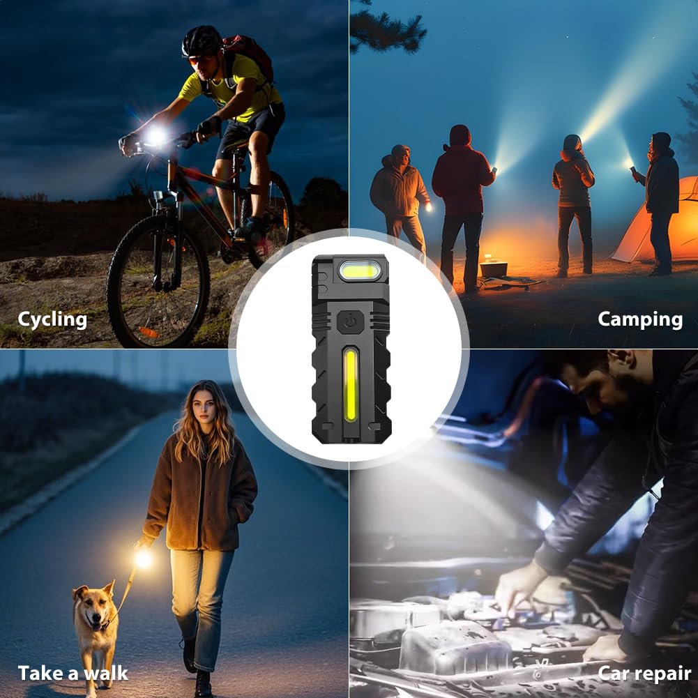 DC10 Mini linterna LED, lámpara de mano con batería, linterna multifuncional con clip y base magnética, 5 modos de iluminación giratorios 180°, IPX4 resistente al agua tipo C LED para camping