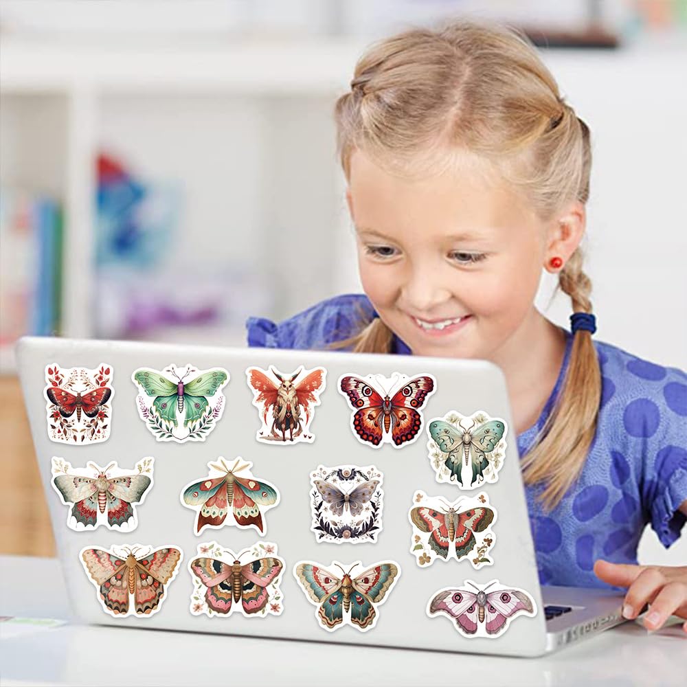 Adesivi a forma di falena per scrapbooking, adesivi estetici a forma di animali, 50 pezzi, adesivi colorati in vinile impermeabili, per bottiglie d'acqua, laptop, accessori per feste a tema animali