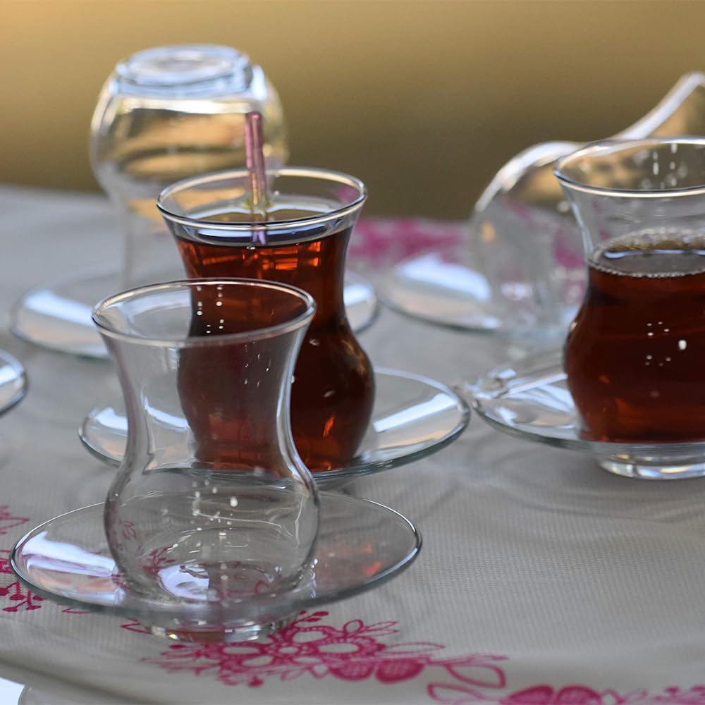 LAV Ayda Turkish Teacup Set of 6 | Tea Glasses and Saucers | Elegant Design for Serving Turkish Tea | Ideal for Home, Cultural Gatherings, and Turkish Tea Parties | Recyclable Glass | 4.5 oz