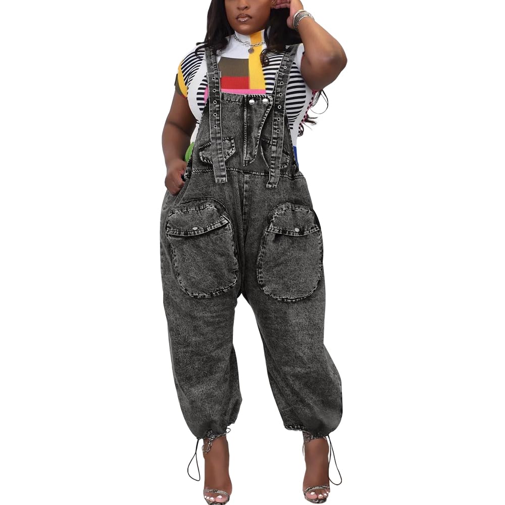 HTD Women's Bib Denim Overalls Loose Wide Leg With Cargo Pockets