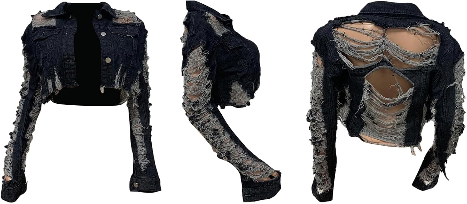 Voghtic Women Sexy Ripped Denim Jackets Lapel Button Down Short Crop Top Jeans Coat - Image 6