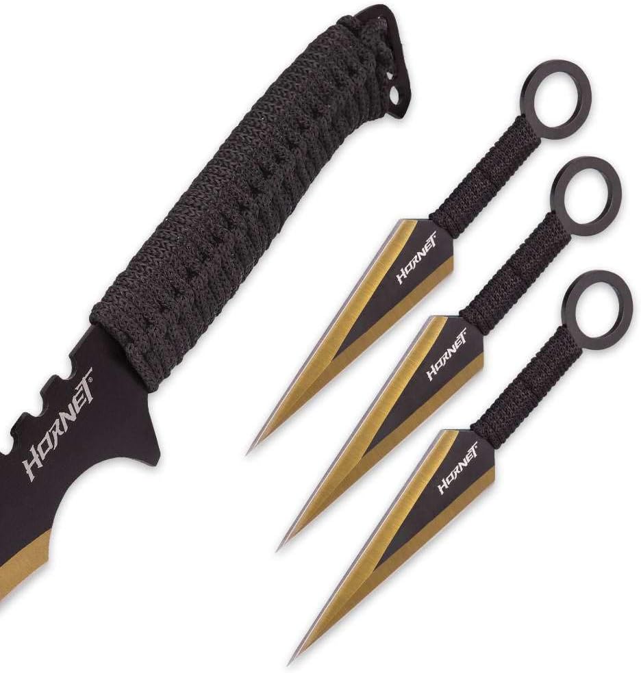 Golden Hornet Sword and Stinger Kunai Set – Includes Sword and Three Kunai, Black and Gold Color Scheme, One-Piece Stainless Steel Construction, Nylon Shoulder Sheath – Perfect for Aspiring Warriors