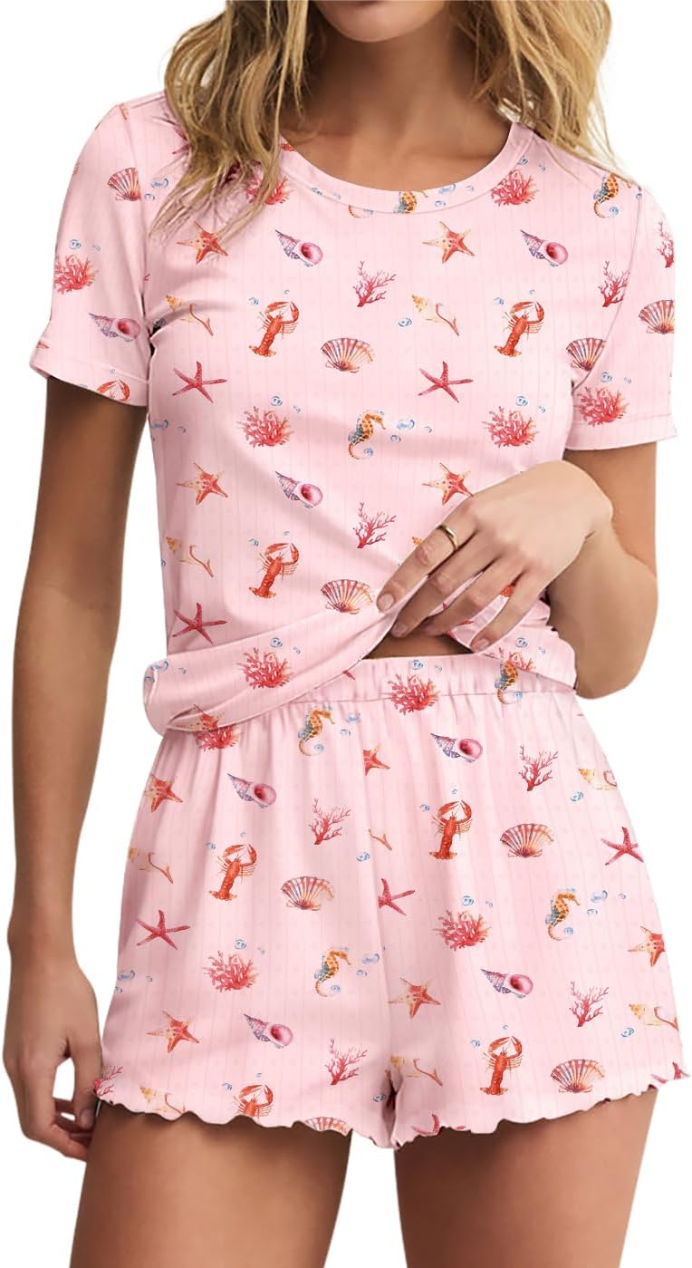 LEEDYA Womens Pajamas 2 Piece Cute Pajamas Set Short Sleeve Tops Shorts PJs Floral Print Y2K Summer Sleepwear Lounge Set