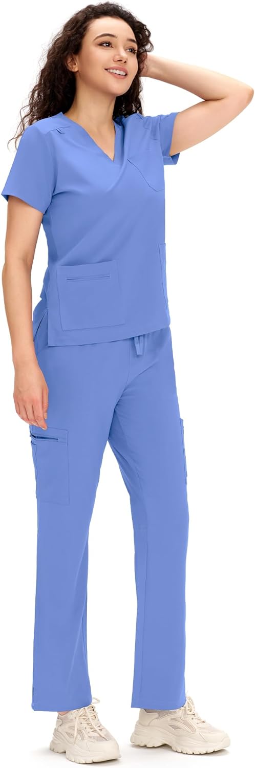 COZYFIT Scrubs for Women - COZY SCRUBS V Neck Top and Bootcut Cargo Straight Pants with 12 Pockets - Image 4
