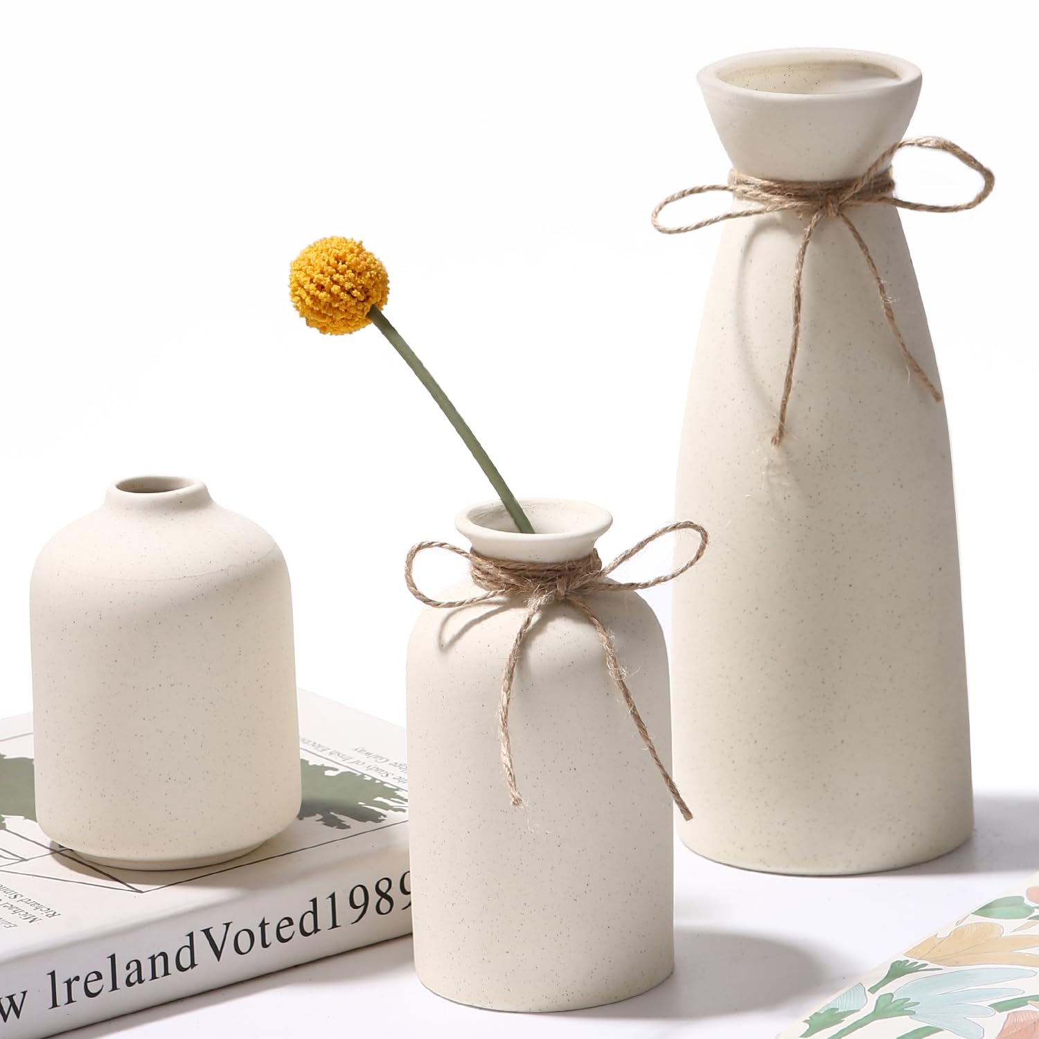 Zaxiva 3 Jarron de Cerámica Beige, Nórdico Moderno y Minimalista Jarrones Decorativos del Hogar, Florero Ramo de Flores Frescas Secas de Hierba de la Pampa, Decoración Mesa Comedor Pequeña