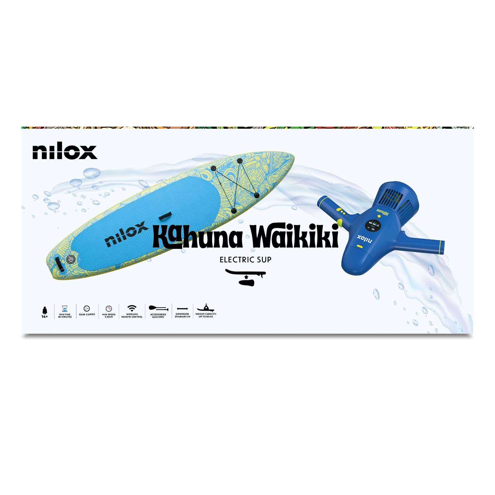 Nilox Set Tavola da Sup Gonfiabile con Scooter Acquatico Elettrico, Completo di Accessori con Zaino, Pagaia, Pompa, Leash, 1 Pinna, Velocità Fino a 5km/h, Tavola da 335x84x15cm