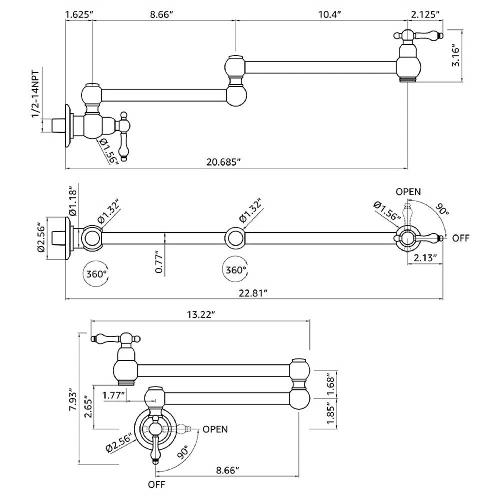 Rubinetto riempitivo for pentole Stufa pieghevole a parete in ottone massiccio con doppio braccio oscillante a snodo Foro singolo Due maniglie