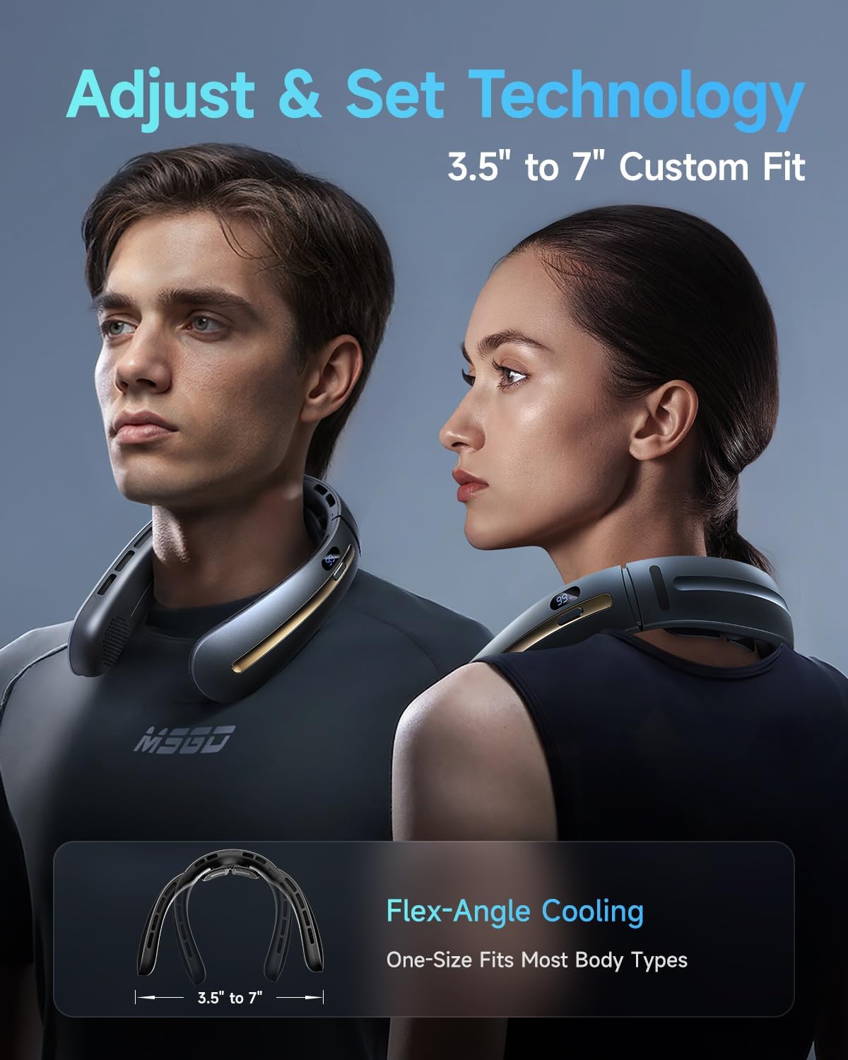 Man and woman wearing SWEETFULL S70 Neck Fan, demonstrating adjustable fit