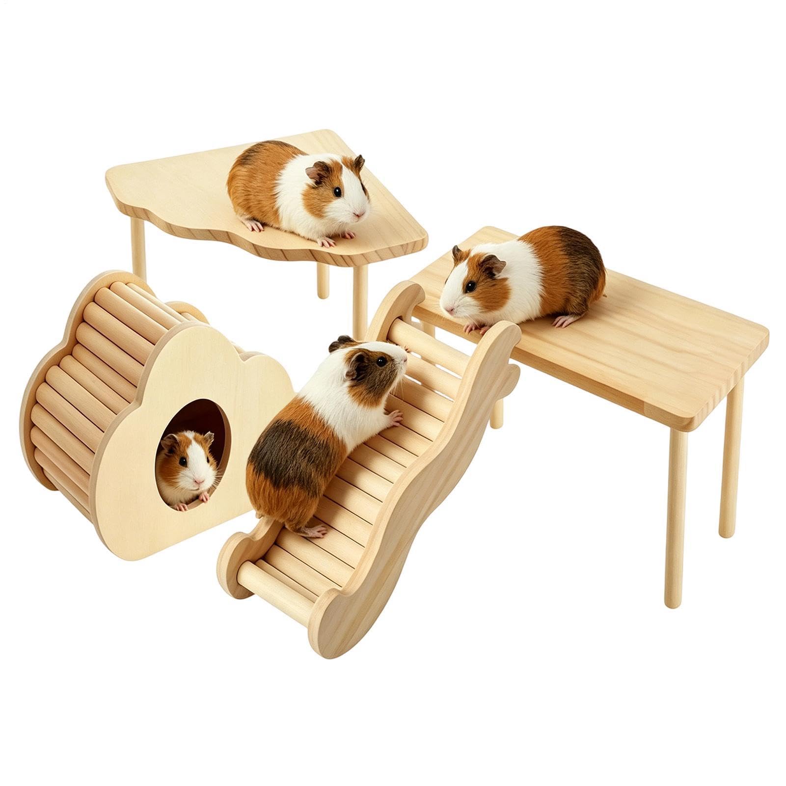 Plattform aus Holz für Hamster – 4 Spielbretter aus Naturholz für Kleintiere | Klettertreppe, Rampe und Ruhenest zur Bereicherung des Käfigs | Zubehör für Hamsterkäfig