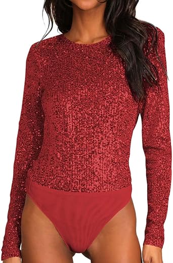 JWJP&CCYIQI Long Sleeve Sequin Bodysuit Glitter Sparkle One Piece Top with Sheer Mesh Thong