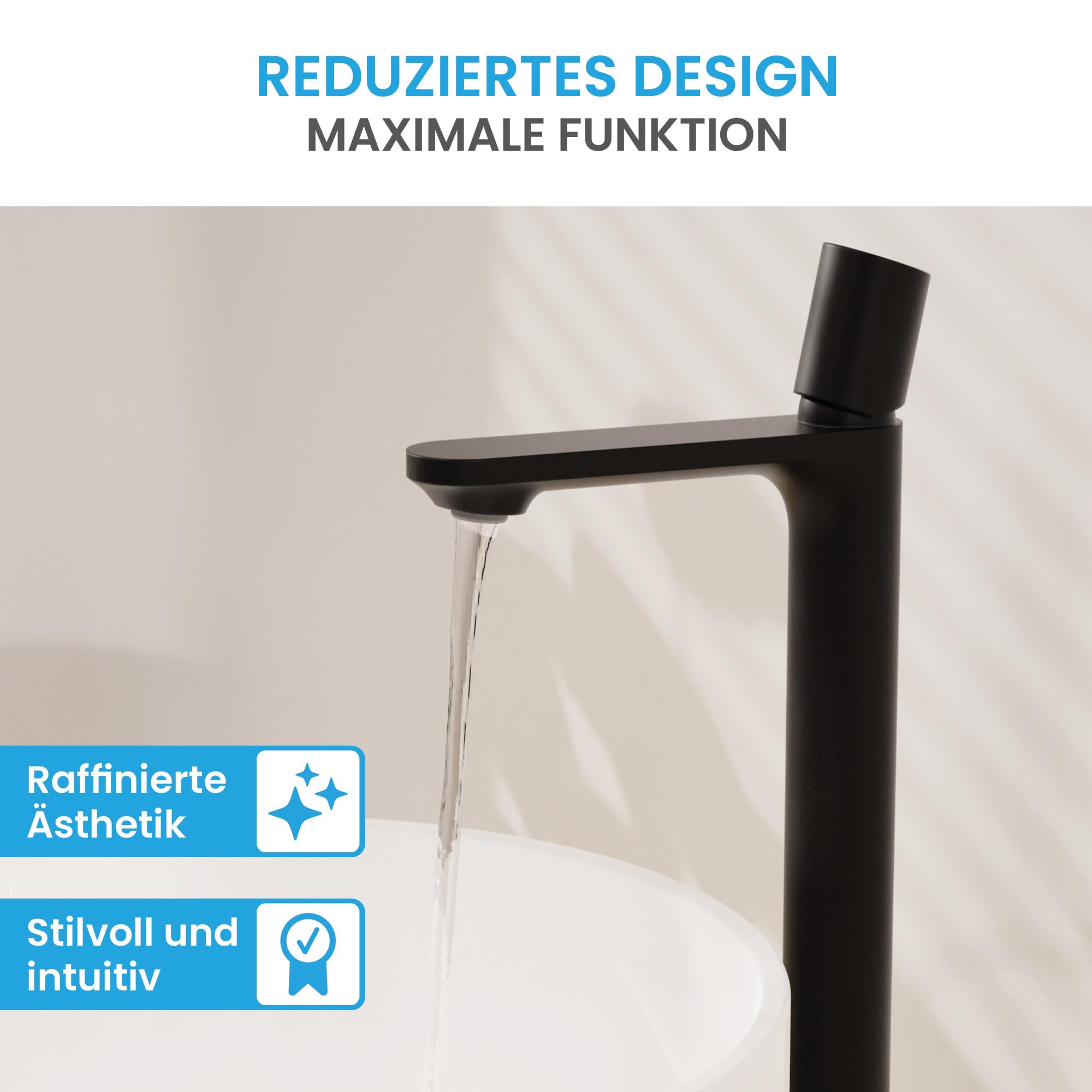 Bächlein Badarmatur Isaya hoch in modernem Design, extra hoher Einhebelmischer mit langlebiger Keramikkartusche und Montage-Set, Bad Wasserhahn Schwarz Matt