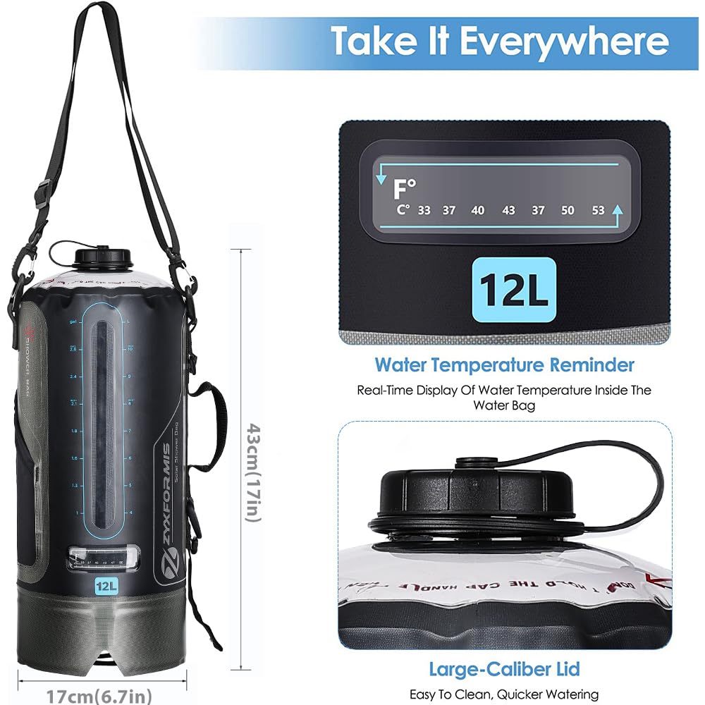 Borsa da campeggio portatile alimentata a energia solare da campeggio 12L in TPU con tubo rimovibile lungo e pompa Ugello doccia e temperatura Display Pieghevole leggero Escursionismo Borsa da bagno