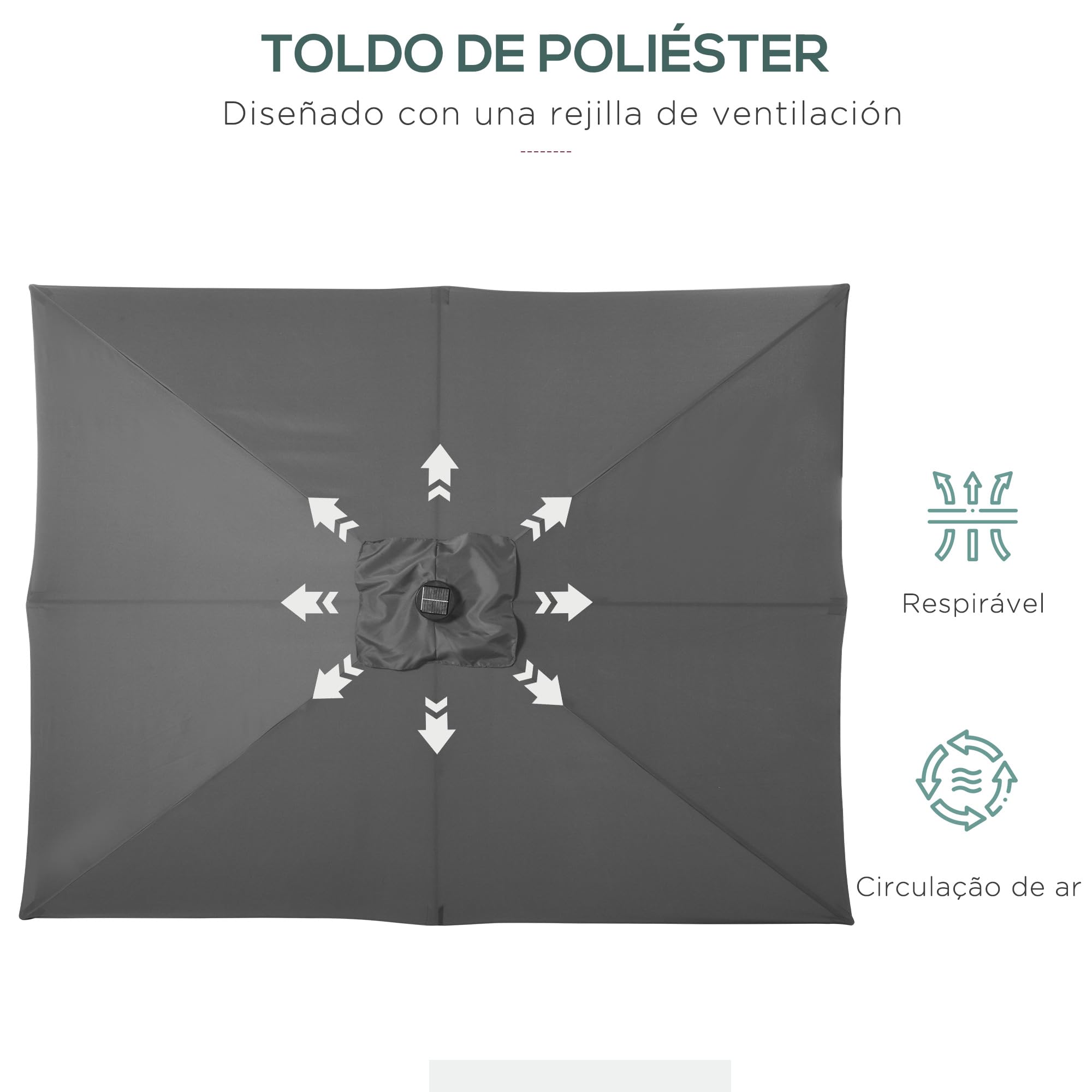 Outsunny Sombrilla Terraza Exterior 2,7x2x2,5 m Inclinable Luces LED | Sombrilla de Jardín, Techo hasta 45°, Poste de Acero, Manivela, Parasol para Patio Terraza