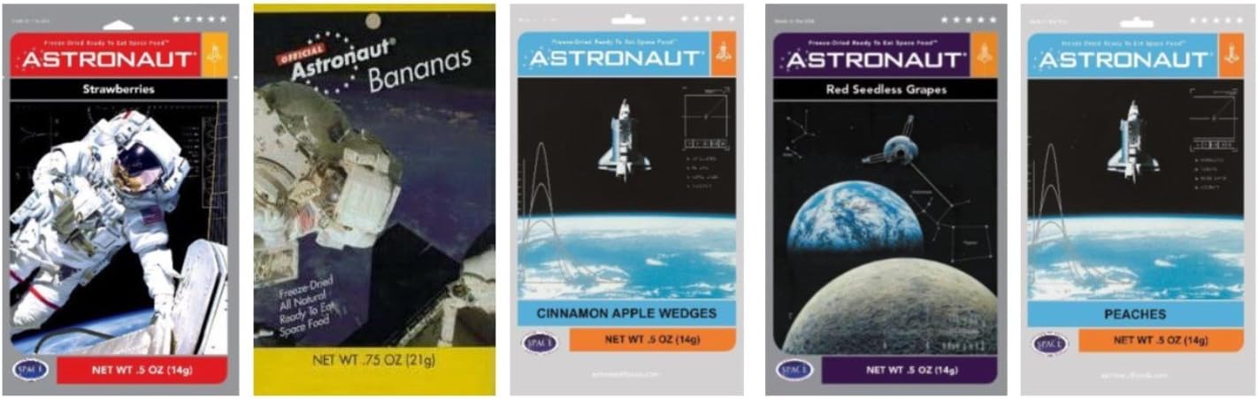 Astronaut Space Food - 5 x Fruits - Strawberries, Bananas, Peaches, Cinnamon-apple-wedges, Grapes