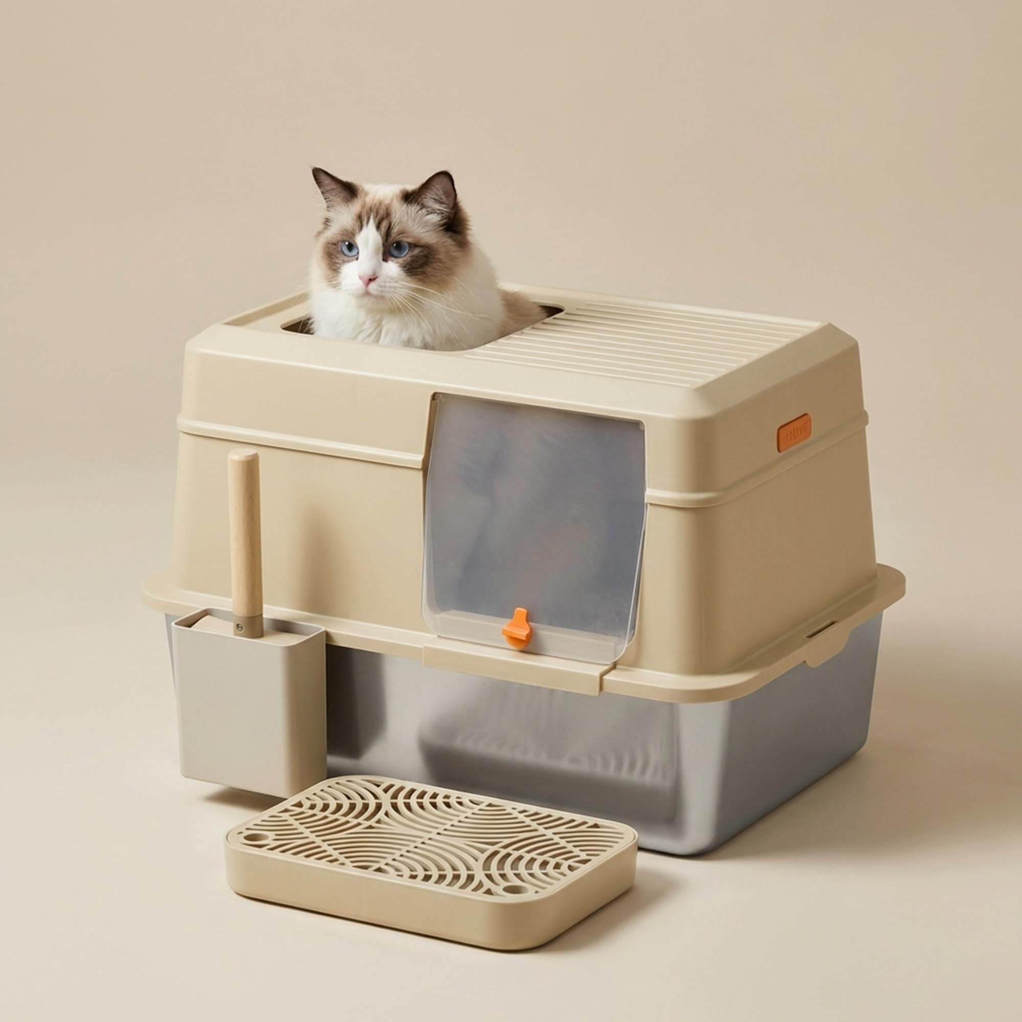 B2C Enclosed Stainless Steel Cat Litter Box, Large, Khaki