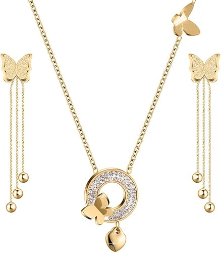 Miniatura 1 de EVEVIC - Juego de collar y aretes de mariposa de acero inoxidable para mujer chapado en oro de 14 quilates hipoalergénico