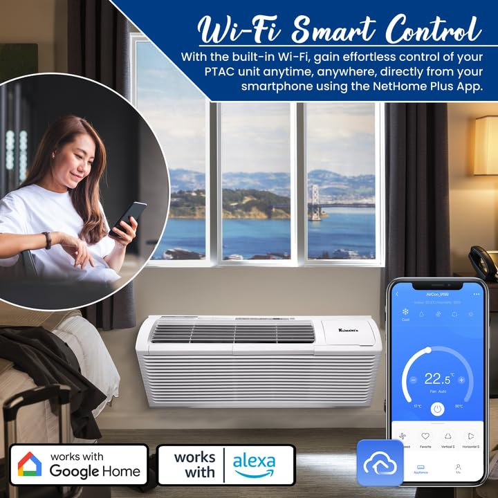 Image of Klimaire 9,000 BTU PTAC Heat Pump A /C R-32 Wi-Fi Enabled with 3.5kW Electric Heater, Remote Control, Drain Kit - 230V
