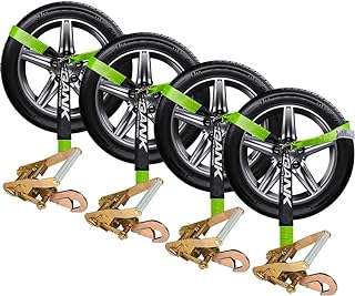 Car Tie Down Straps for Trailers- 4 Pack 2"x96" with Tire Strap 3,300lb Safe Working Load - Adjustable Straps with Snap Hooks (Green)