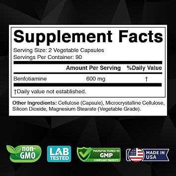 Vitabod Benfotiamine 600mg 180 Vegetarian Capsules Fat-Soluble Vitamin B1 Supplement