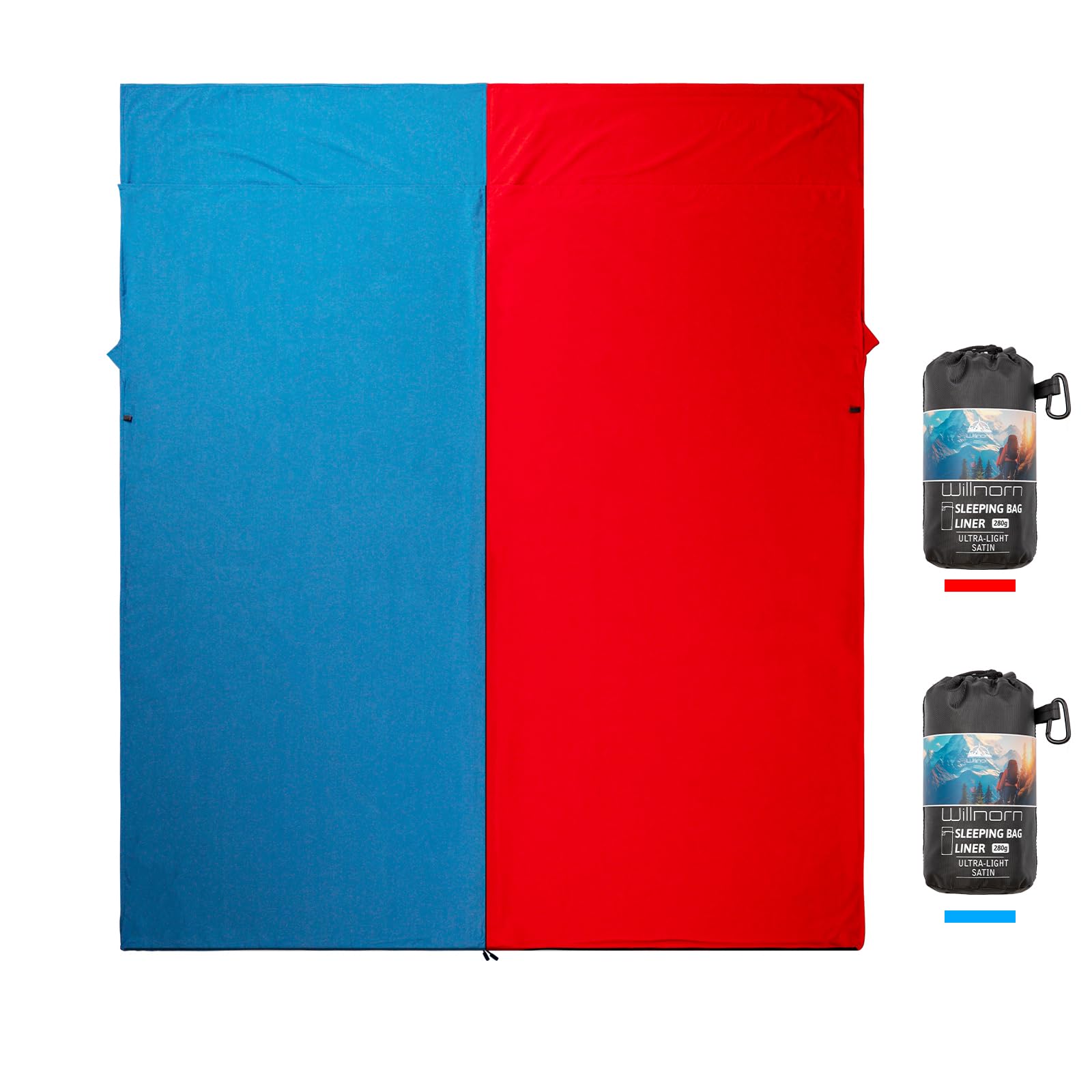 WILLNORN 2 Packs Sleeping Bag Liner-Connectable Travel Sheets for Hotel Camping, 2 Single Sleeping Bag Liners-Can be Combined Into 1 Double Sleeping Bag Inner-Red&Blue