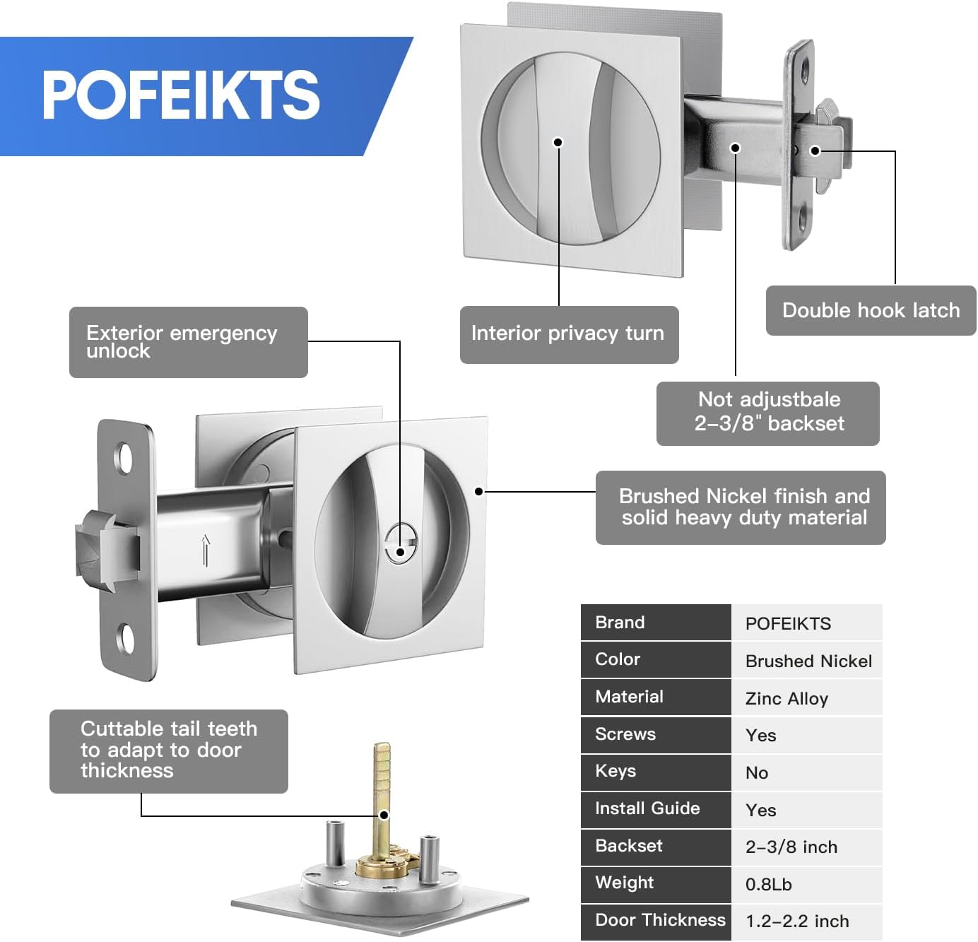 Brushed Nickel Pocket Door Hardware with Privacy Lock & Latch - Contemporary Style Square Pocket Door Lock with Edge Pull (1 Pack)