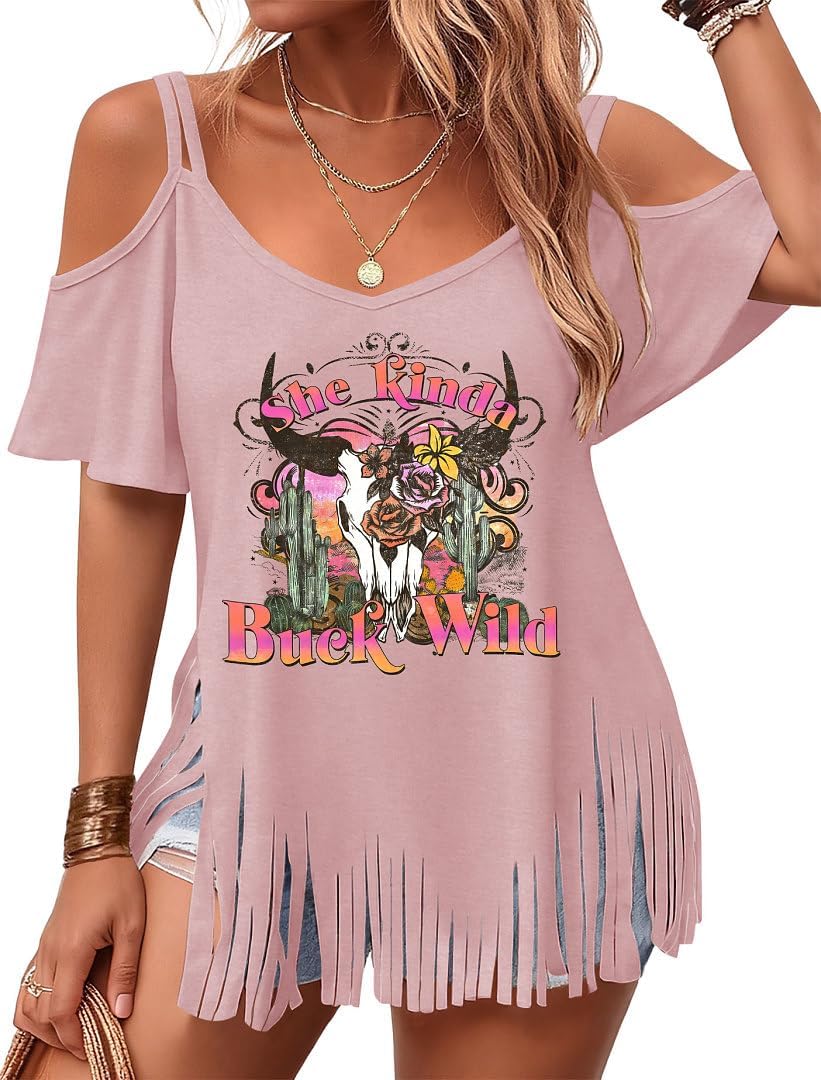 Cowgirl Shirts for Women: Western Cowgirl Fringe Outfits Cow Skull Graphic V Neck Cold Shoulder Tops