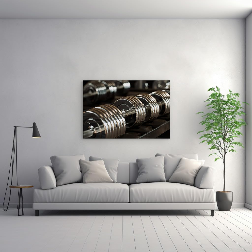Canvas for Living room. Shimmer and Strength: A Captivating Close-Up of Gym Dumbbells in Repose, 27 x 18 inch Canvas Wall Art - Modern Home Decor