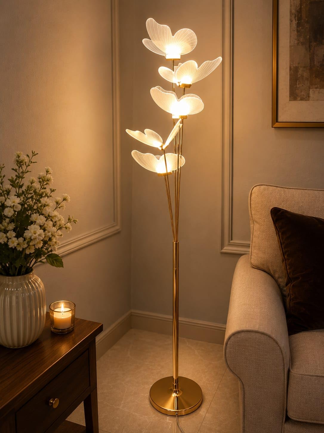 Modern LED Floor Lamp with Floral Petal Shades, Strightline: Gold Finish, for Living Room, Bedroom and Home Interiors-image-24
