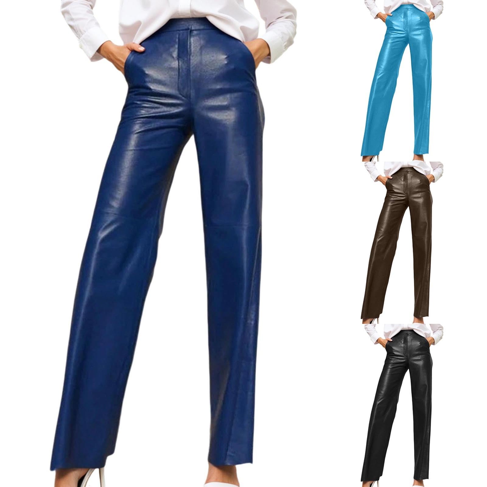 Generisch Pantalones de piel para mujer, rectos de piel, pantalones anchos para el tiempo libre, pantalones largos, piel sintética, cintura alta, pantalones rectos, pantalones de piel, elásticos, de
