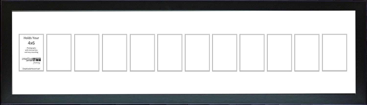 Creative Letter Art [10x50 12 Opening Black Picture Frame to hold 4 by 6 Photographs with 10 by 52 inches White Collage Mat including Scratch Resistant Acrylic
