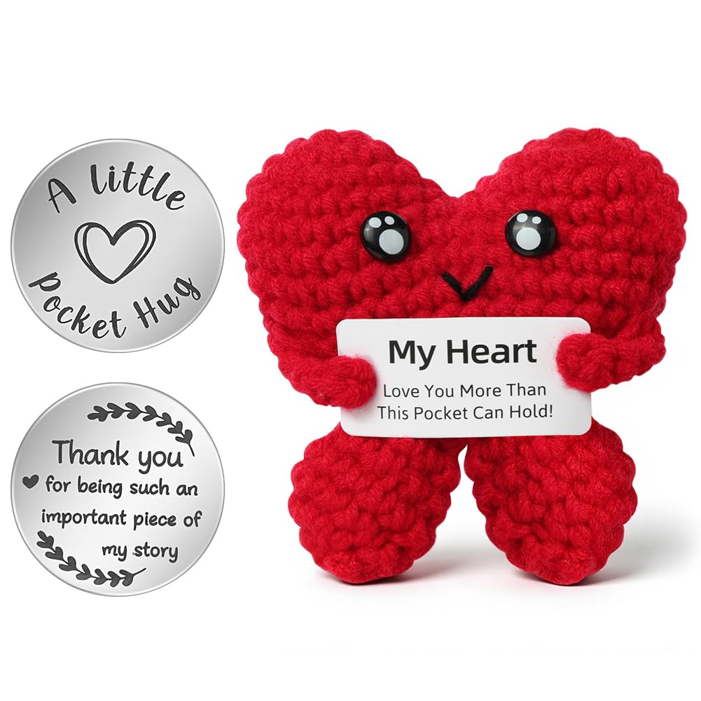 Aolso Emotional Support Gift, Funny Positive Crochet Animals with Inspirational Cards, Lucky Coin, Good Luck Present for Birthday, Office Home Desk Decor-Heart-image-19
