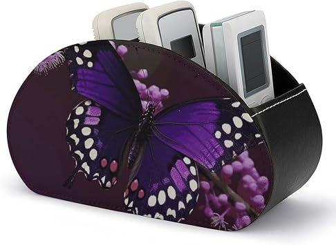 Purple Butterfly TV Remote Control Holder with 5 Compartments PU Leather Storage Container Caddy Desktop Organizer for Media Player Makeup Brush Pencil Glasses Office Supplies