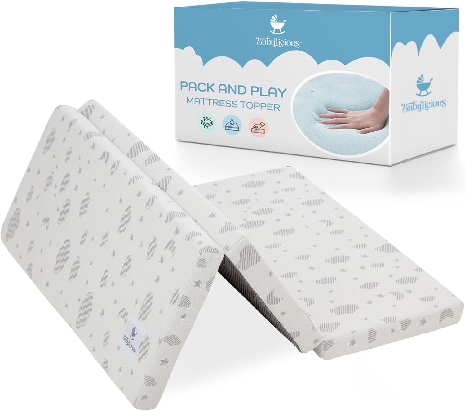 Babylicious Waterproof Pack and Play Mattress Topper | 38" x 26" x 1.5" | Trifold Style - Breathable Soft Plush Foam - Portable Mattress Topper- Baby Foam Mattresses for Babies