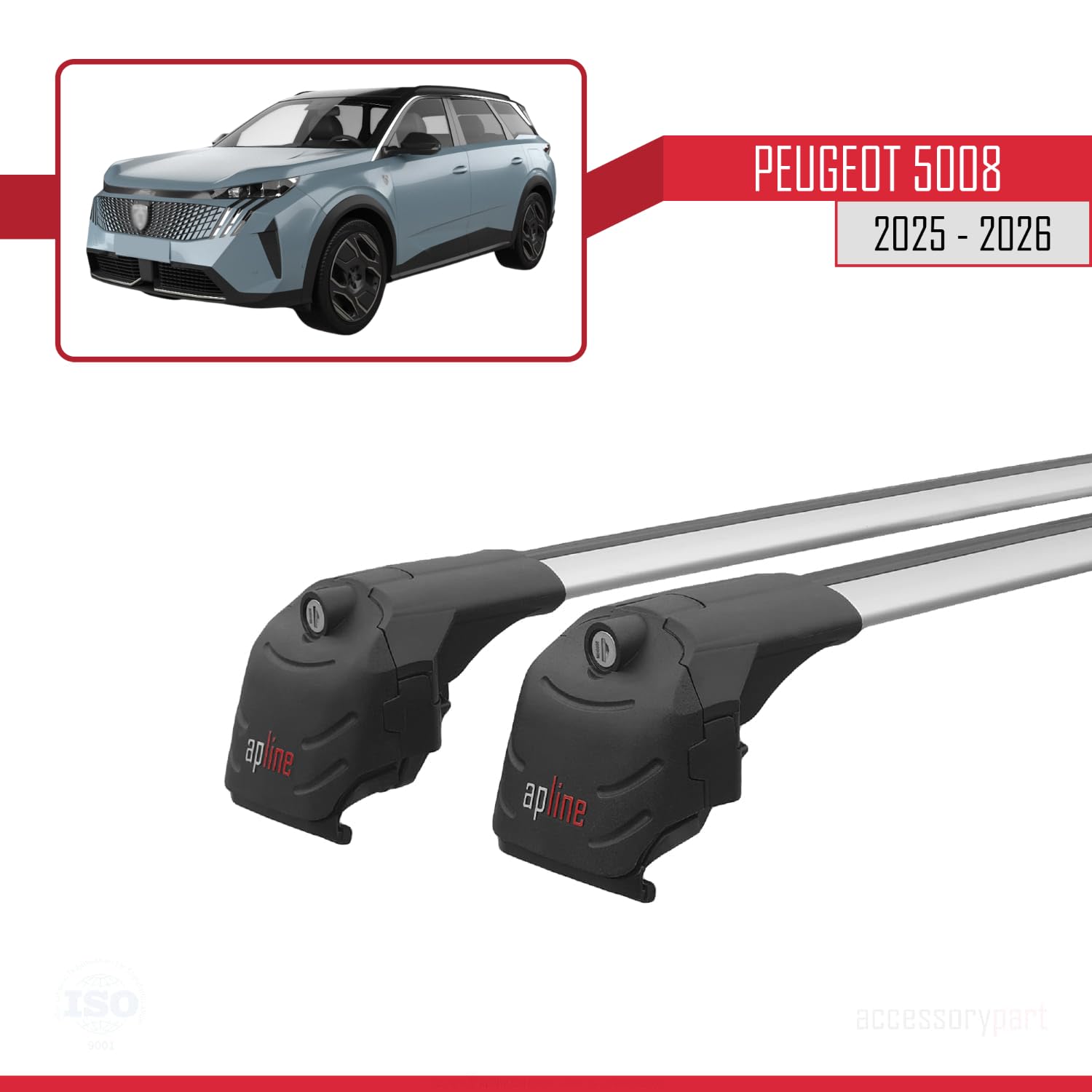 Compatible avec Peugeot 5008 (P67) 2025-2026 ACE-2 Modèle Barres de Toit Railing Porte-Bagages de Voiture Aluminium Gris 2 Barres