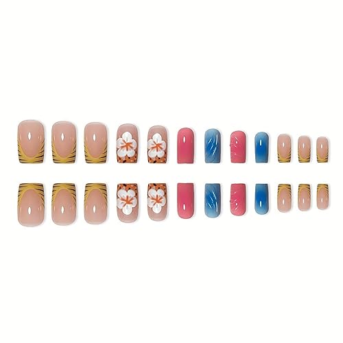 Miniatura 68 de 24 uñas postizas cuadradas medianas con punta francesa a presión, pegamento brillante en las uñas, uñas postizas de cobertura completa con diamantes