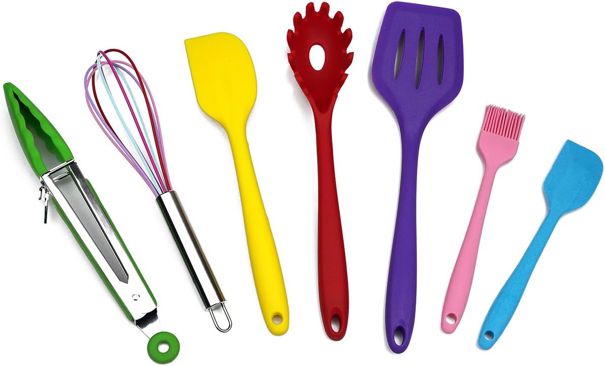Kitchen Cooking Utensils Set 7 pcs Tools For Nonstick Cookware Silicone Serving Tong Scraper Whisk Spatula Spaghetti Server
