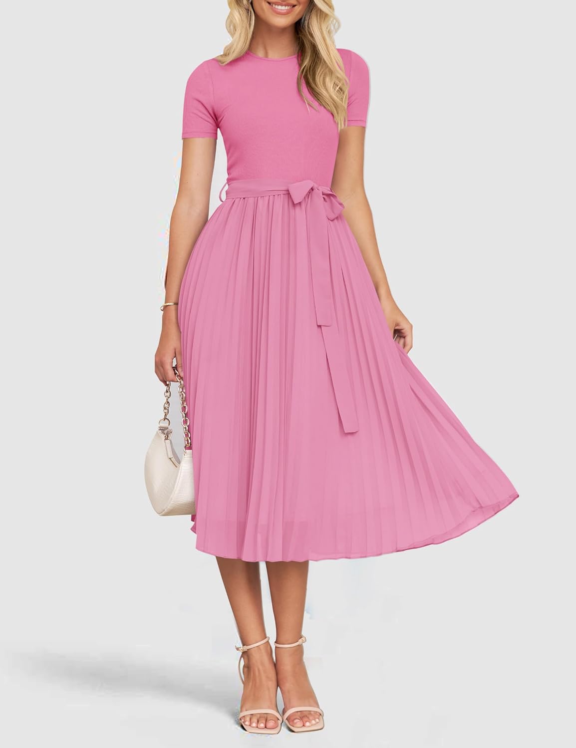 ZESICA Womens 2026 Summer Short Sleeve Midi Dresses Crewneck Knit Belted Pleated Business Work Cocktail A Line Flowy Dress - Image 9