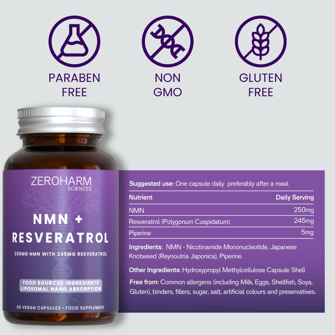 ZEROHARM NMN con resveratrolo – Assorbimento liposomiale – Alimentato da ingredienti alimentari veri – Confezione da 60 (confezione da 1)